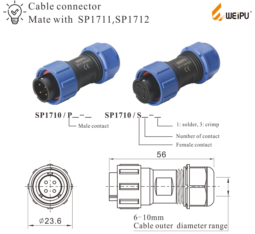 China Factory Weipu Waterproof Terminal Cable Connector and Plug Welding Cable Connector